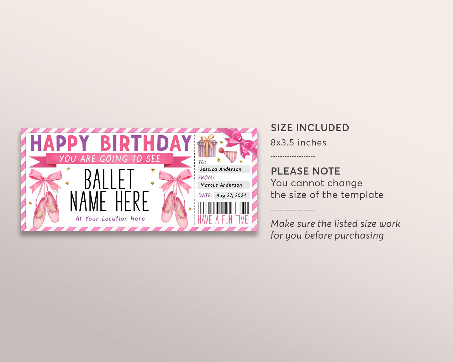 Ballet Gift Ticket Editable Template, Birthday Ballet Performance Theatre Gift Certificate Voucher, Last Minute Gift For Dance Lovers