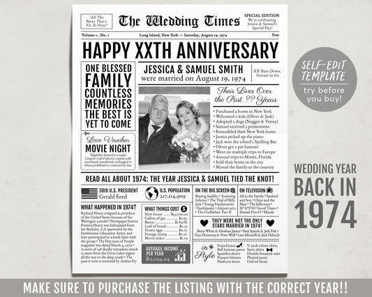 Back in 1974 50th 51st 52nd Anniversary Gift Newspaper Editable Template