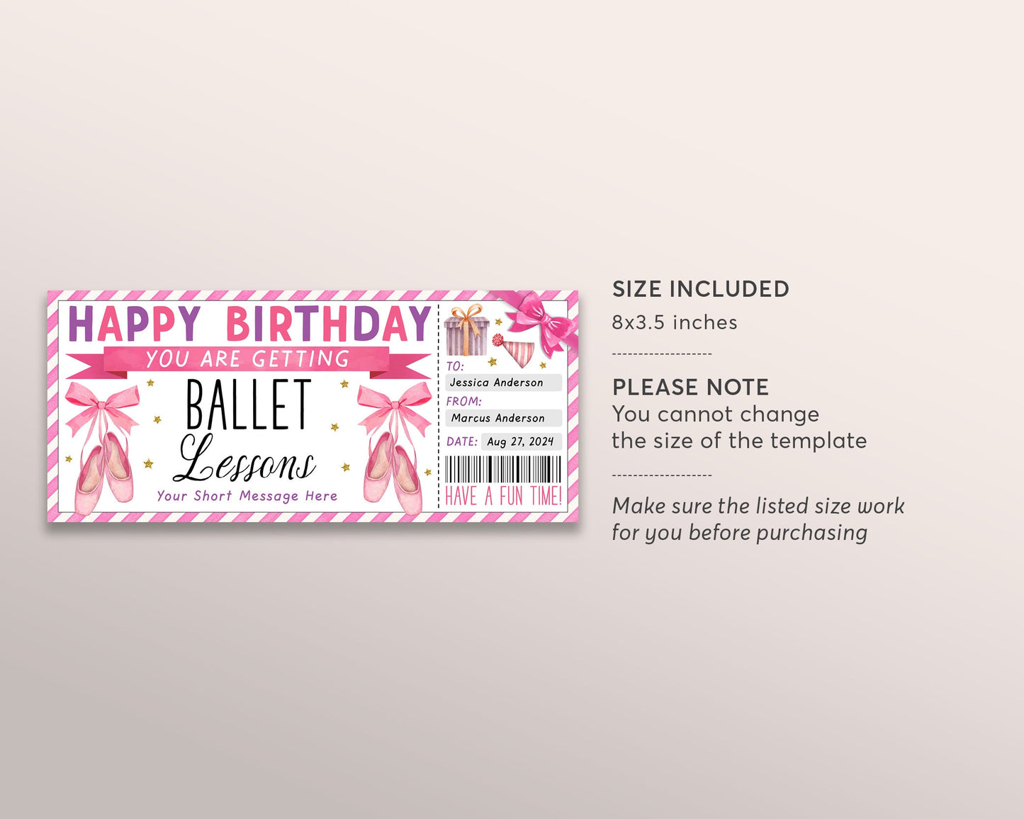 Ballet Lessons Ticket Editable Template, Birthday Surprise Ballet Classes Gift Certificate For Kids, Dancing Dance Lessons Voucher Coupon