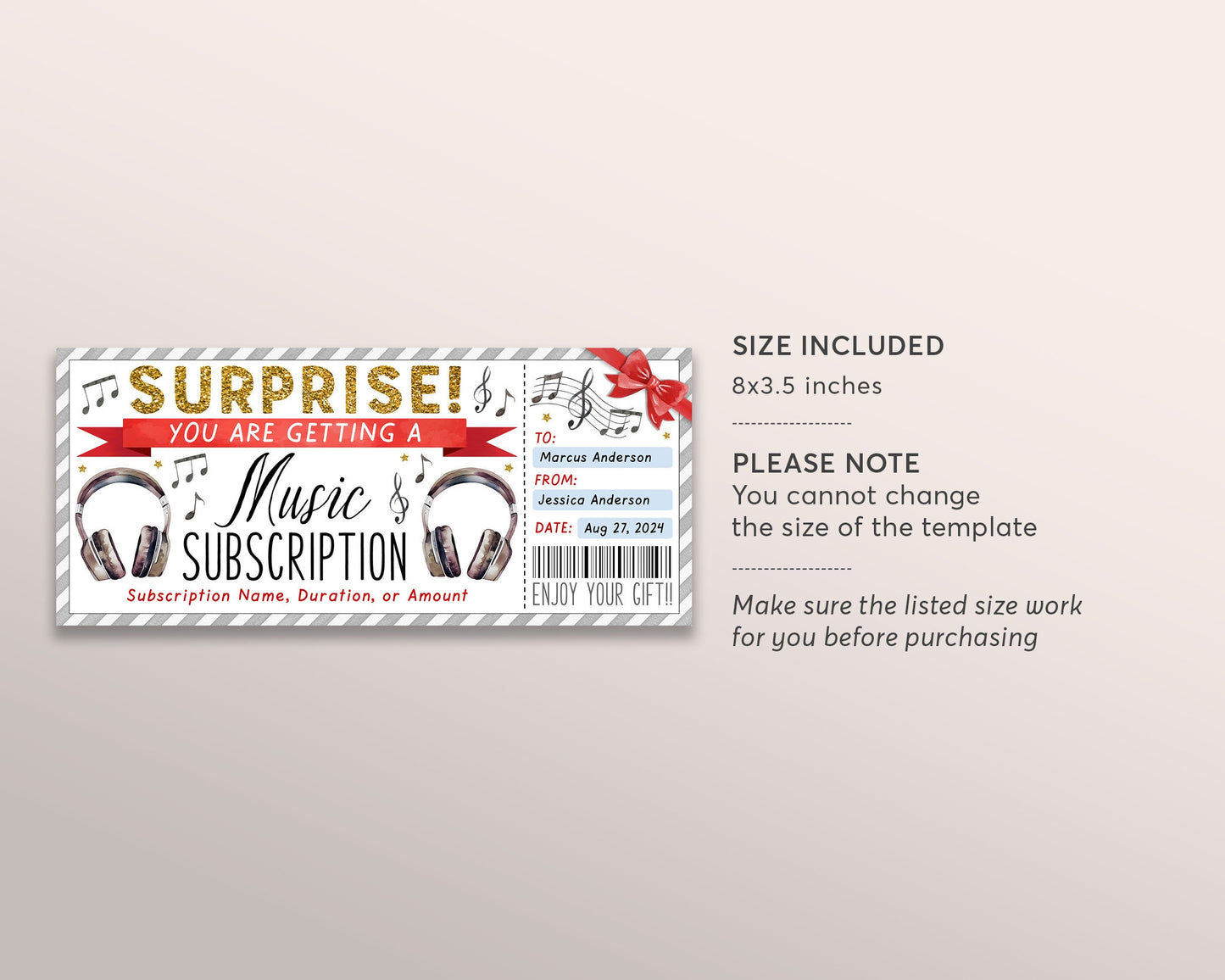 Surprise Music Subscription Gift Card Editable Template, Music Streaming Gift Certificate Voucher Coupon For Music Lovers, Any Occasion