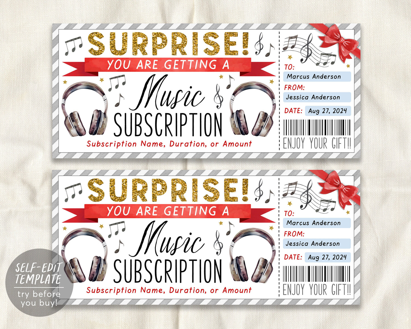 Surprise Music Streaming Subscription Gift Card Editable Template