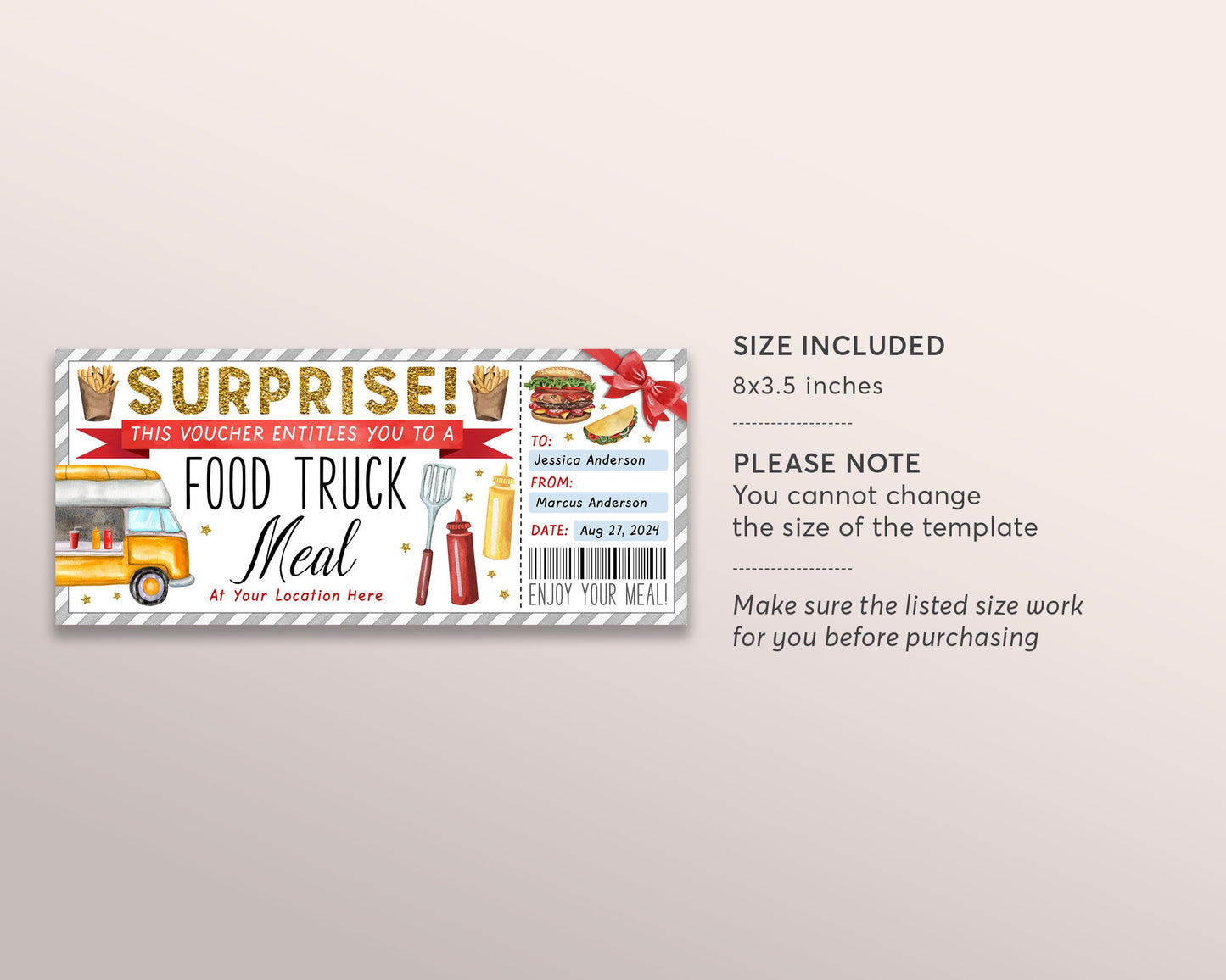 Food Truck Meal Ticket Gift Voucher Editable Template, Surprise Food Cart Work Staff Appreciation Dinner Coupon Certificate, Any Occasion