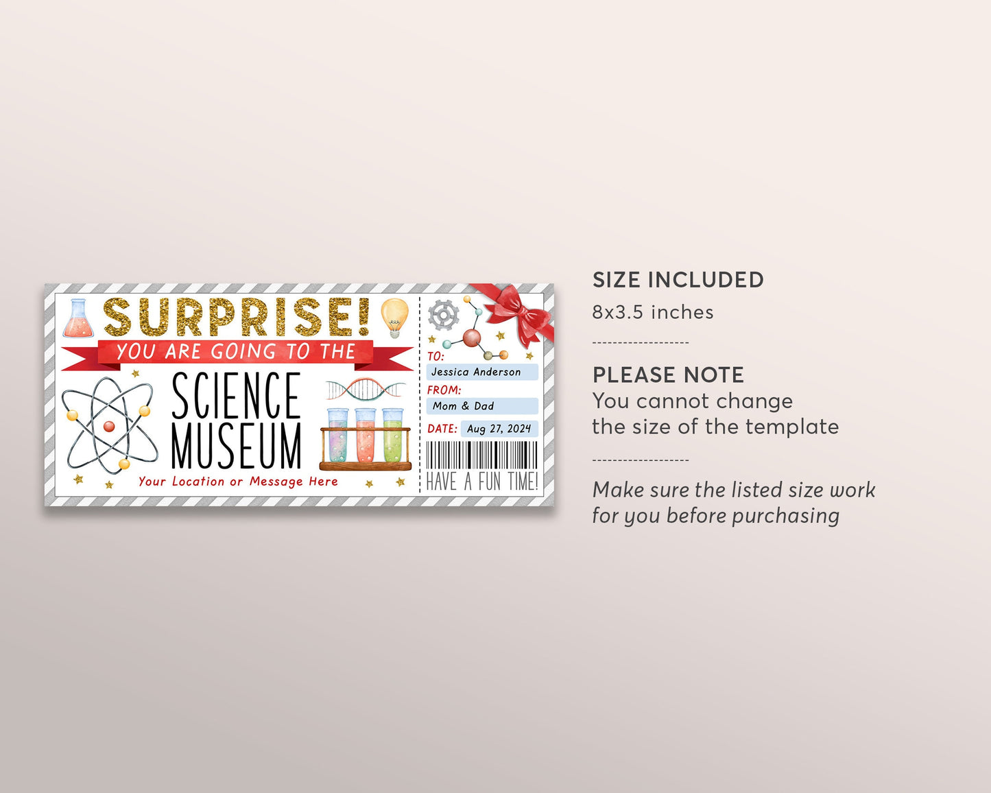 Surprise Science Museum Ticket Editable Template, Museum Membership Gift Voucher For Kids, Children's Museum Day Trip Gift Certificate DIY