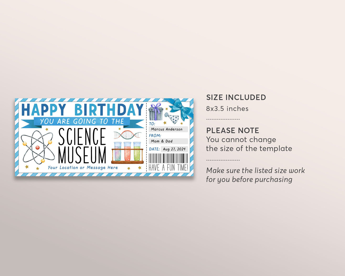 Science Museum Ticket Editable Template, Birthday Surprise Museum Membership Voucher For Kids, Children's Museum Day Trip Gift Certificate