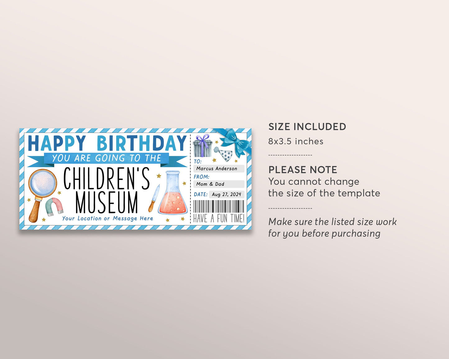 Children's Museum Ticket Editable Template, Birthday Museum Membership Gift Voucher For Kids Science Museum Day Trip Gift Certificate Coupon