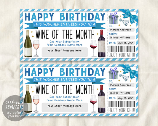 Birthday Wine Subscription Gift Certificate Editable Template