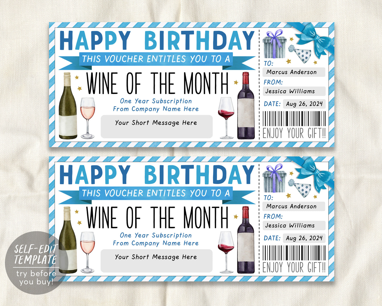 Birthday Wine Subscription Gift Certificate Editable Template