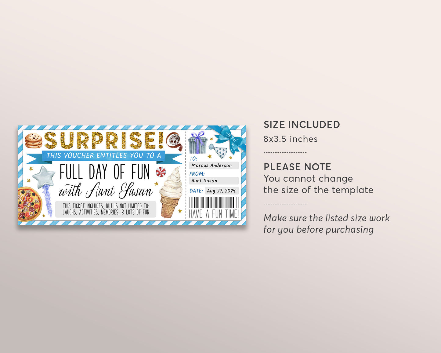 Fun Day Ticket Editable Template, Surprise Day Of Fun with Aunt Gift Certificate For Niece Kids, Yes Day Fun Experience Voucher DIY