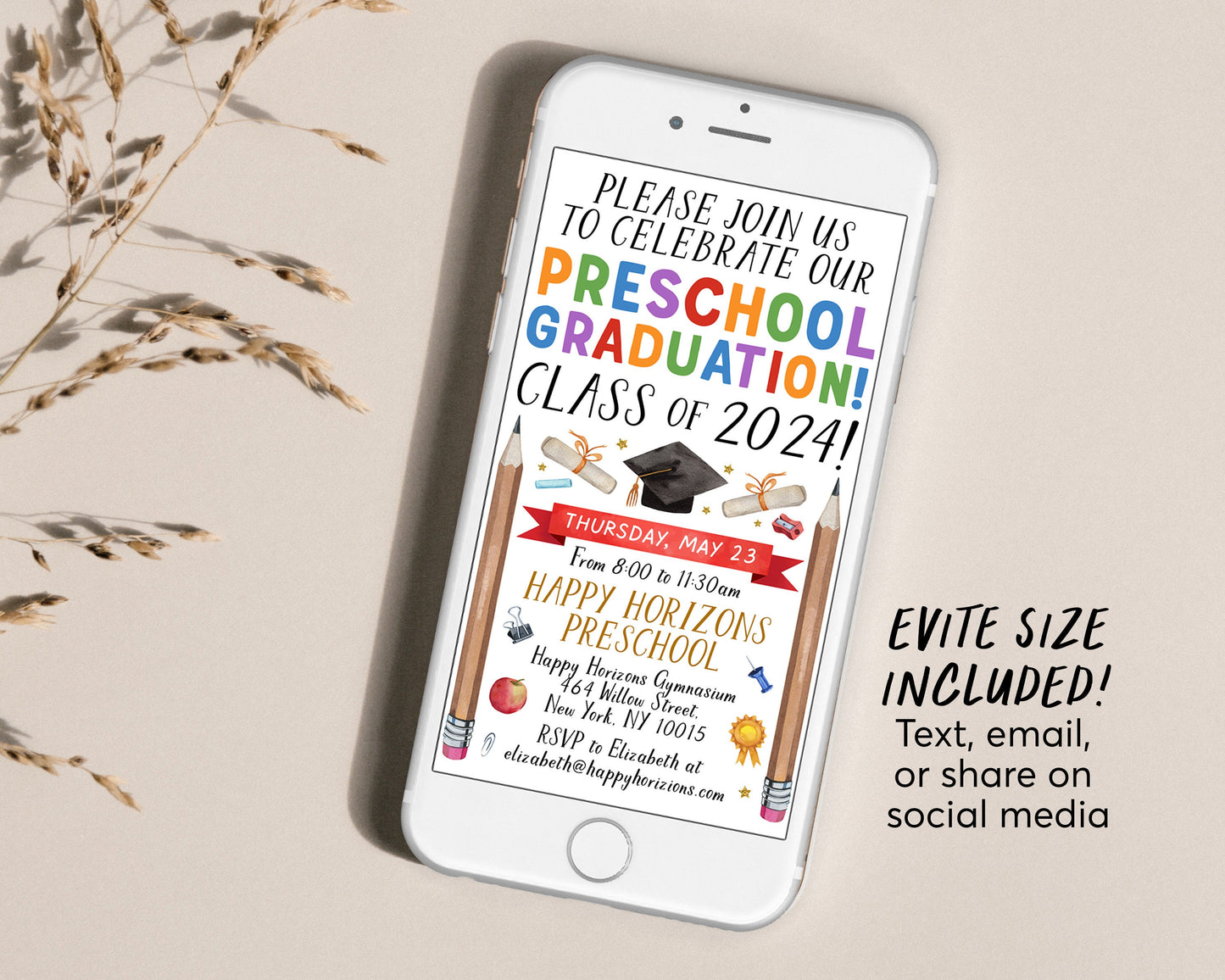 Preschool Graduation Invitation Editable Template, Pre-K Kindergarten Class Graduation Announcement, Watercolor Graduation Ceremony Invite