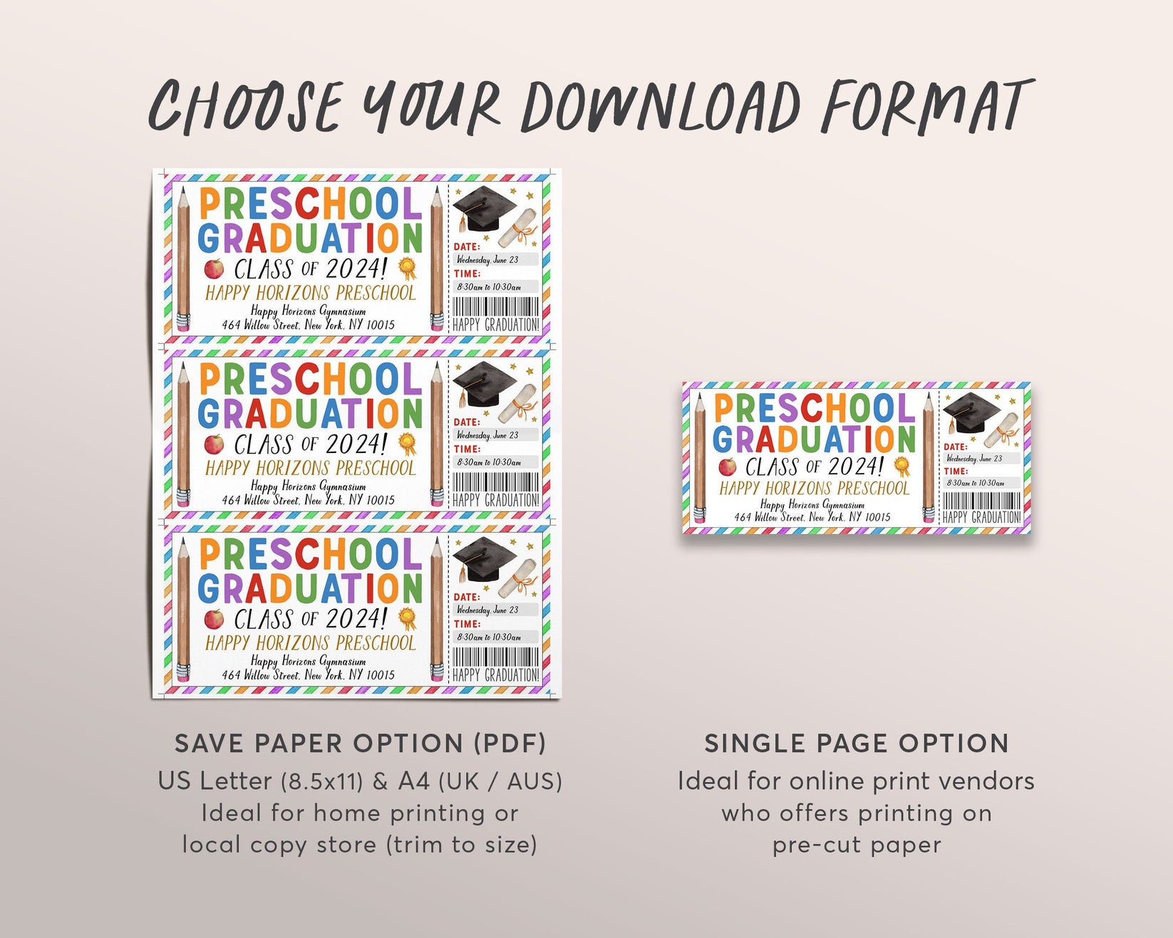 Preschool Graduation Ceremony Ticket Editable Template, Class Grad Inv