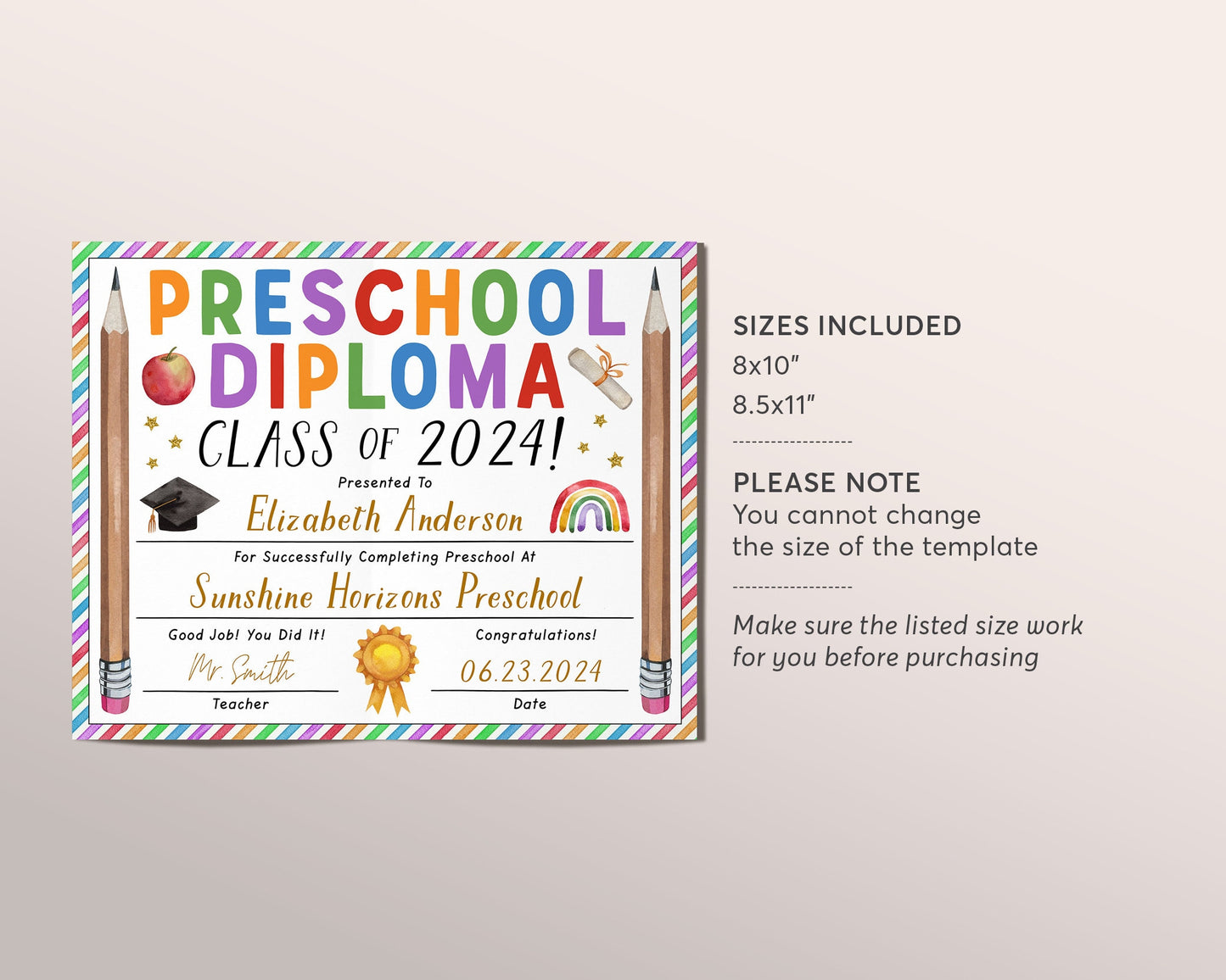 Preschool Graduation Diploma Editable Template, PreK Pre-K Kindergarten Certificate of Completion, Last Day of Preschool Sign Printable