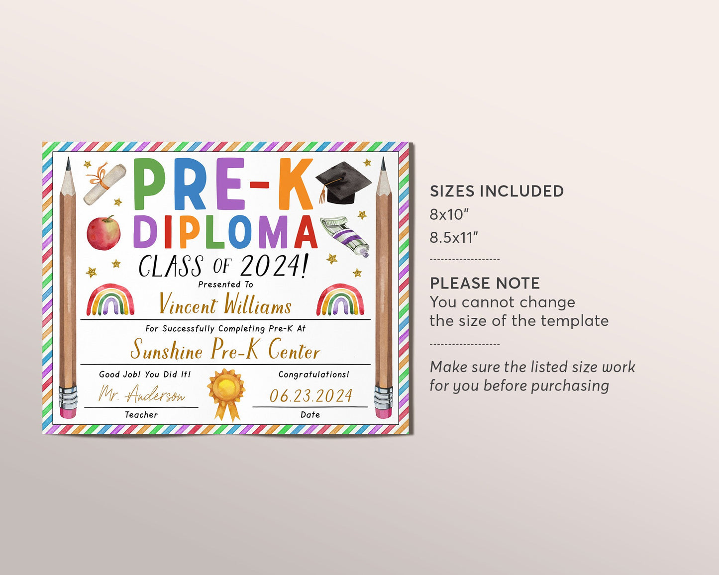 Pre-K Graduation Diploma Editable Template, PreK Kindergarten Certificate of Completion, Watercolor Last Day of Preschool Sign Printable