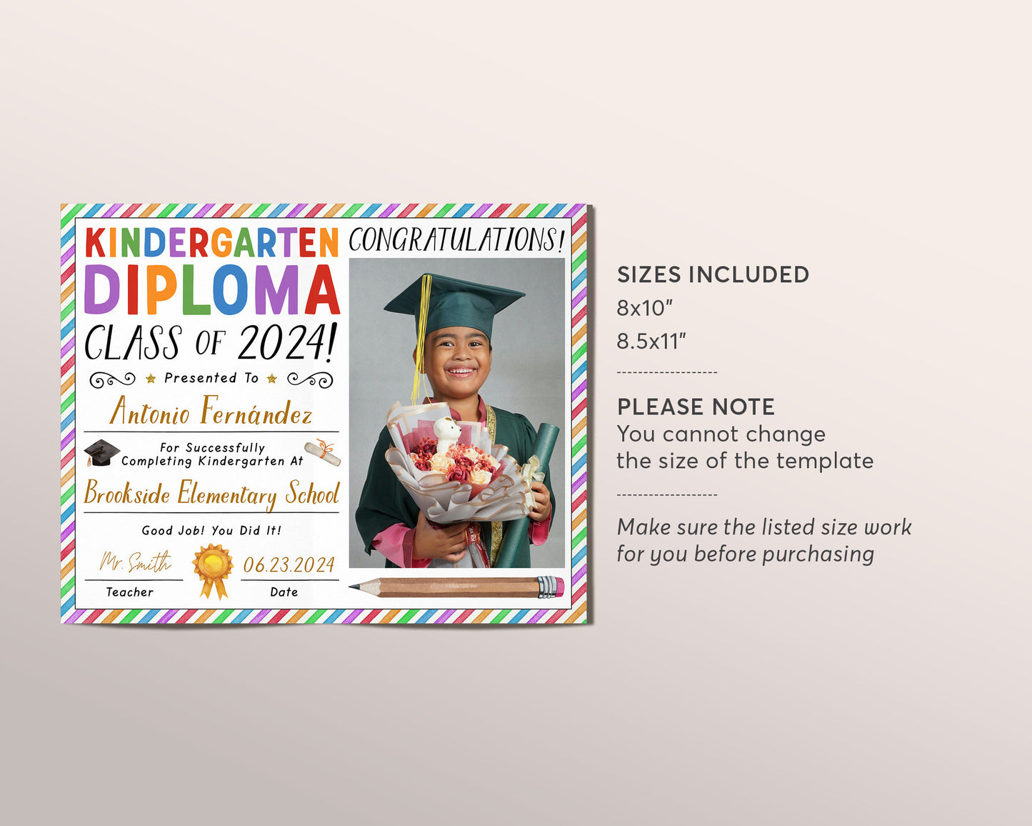 Kindergarten Graduation Diploma With Photo Editable Template, Kindergarten Certificate of Completion Printable, PreK Ceremony Announcement