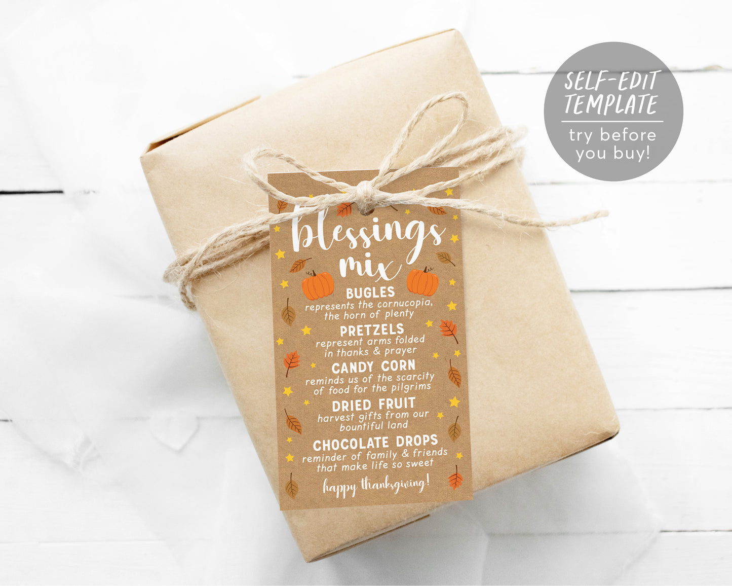 Printable Blessings Mix Gift Tag Editable Template, Thanksgiving Treat Favor Tags Label, Employee Staff Appreciation Teacher School PTO PTA